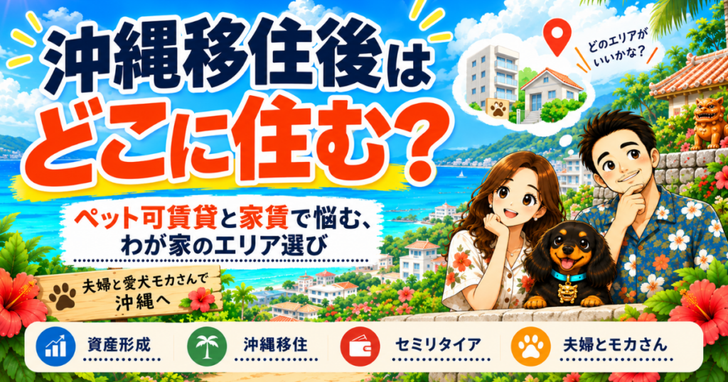 沖縄移住後の住まい探しで、ペット可賃貸や家賃、候補エリアを考える夫婦と愛犬モカさんのイメージ