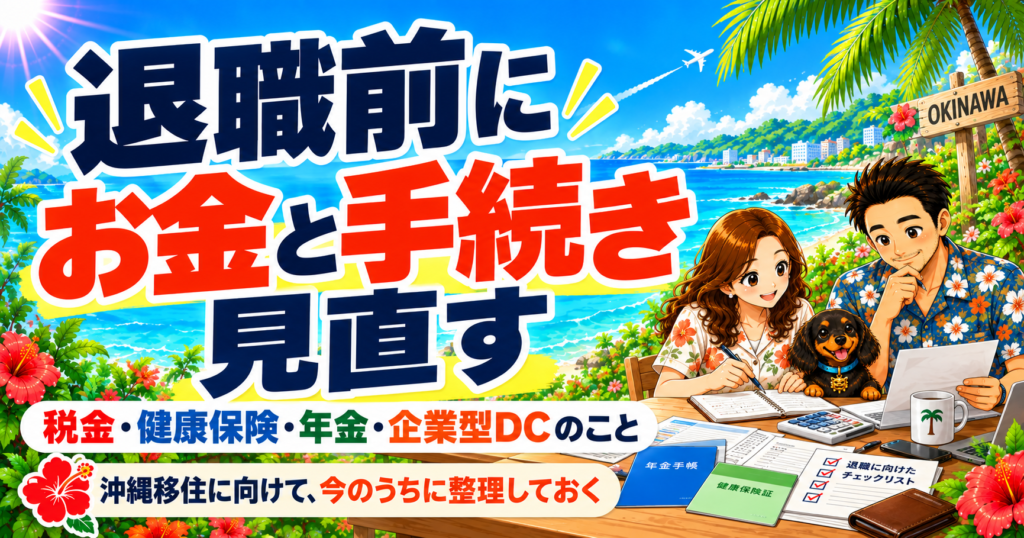 退職前に見直したいお金と手続きのイメージ画像。税金・健康保険・年金・企業型DCを整理し、沖縄移住に向けた準備を考える夫婦と愛犬。
