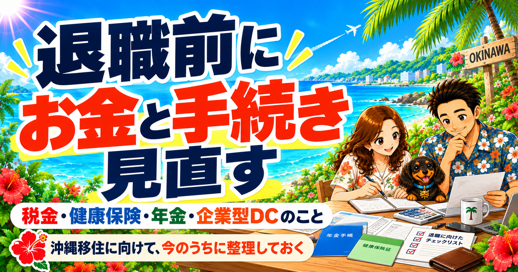 退職前に見直したいお金と手続きのイメージ画像。税金・健康保険・年金・企業型DCを整理し、沖縄移住に向けた準備を考える夫婦と愛犬。