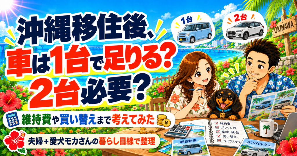 沖縄移住後に車を1台にするか2台にするか、維持費や買い替えまで考える夫婦と愛犬のイメージ