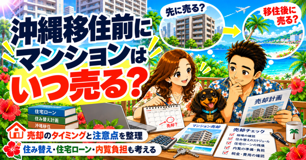 沖縄移住に向けてマンションをいつ売るか、住宅ローンや内覧負担も含めて夫婦で考えているイメージ