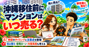 沖縄移住に向けてマンションをいつ売るか、住宅ローンや内覧負担も含めて夫婦で考えているイメージ